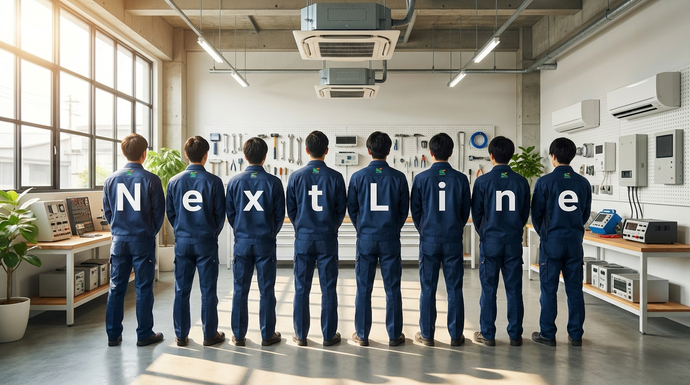 NextLine チーム - 8人の従業員が作業服を着て並んでいる